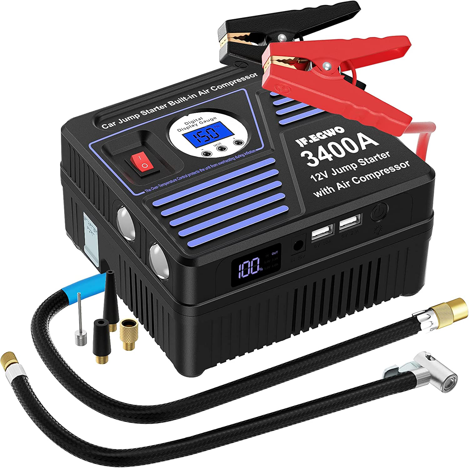 JFEGWO 12V 3400A Car Jump Starter With Built in Tire inflator, Power Bank, &LED