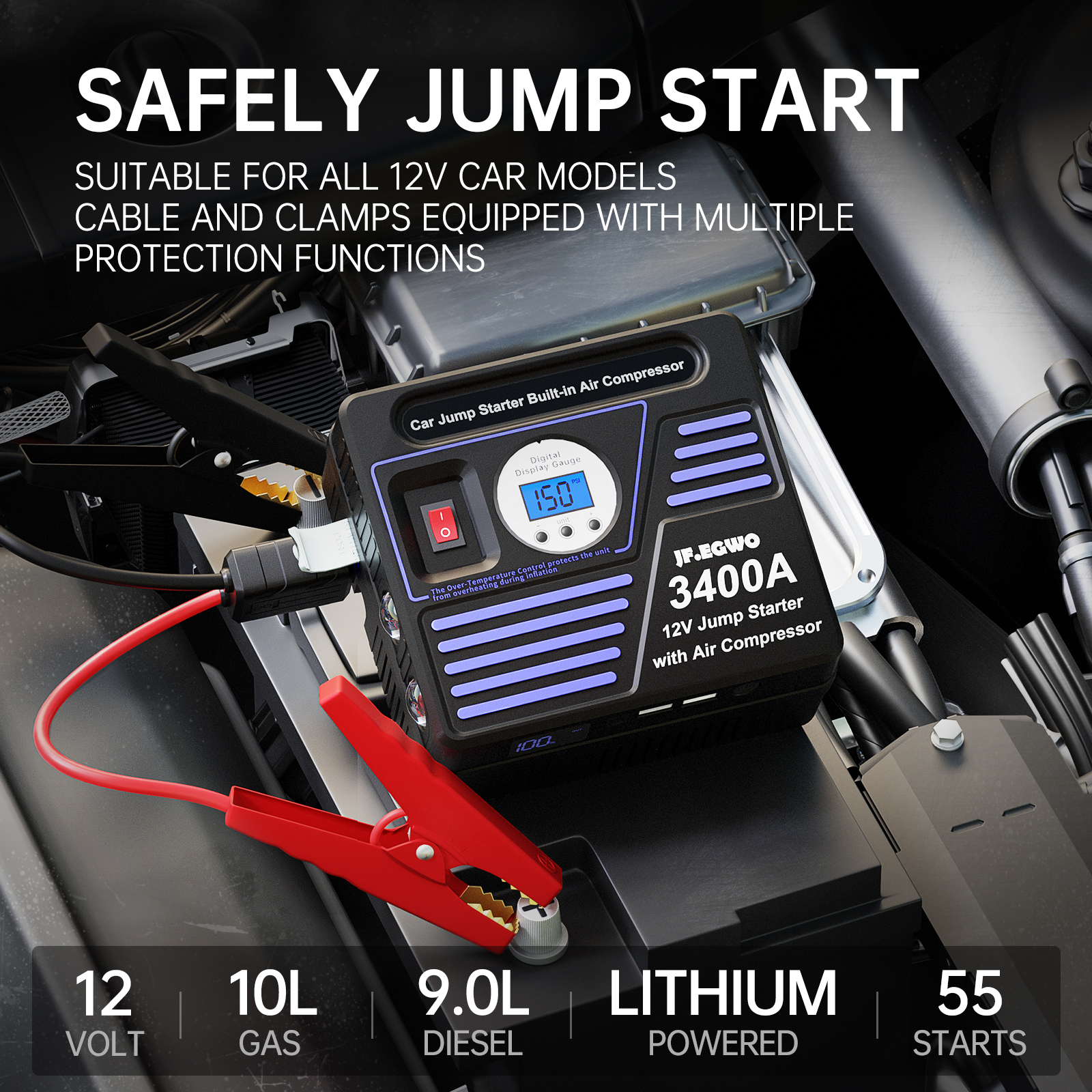 JFEGWO 12V 3400A Car Jump Starter With Built in Tire inflator, Power Bank, &LED
