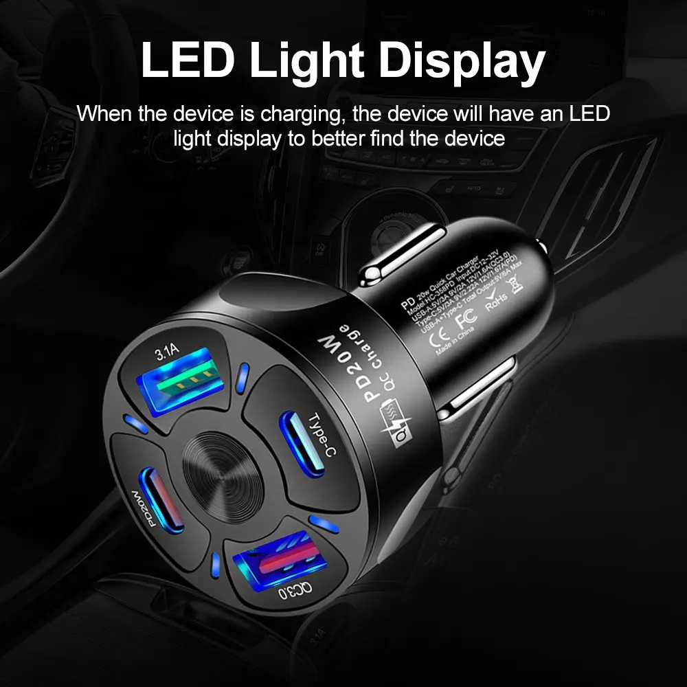 4 port PD Fast Car Charger USB A & USB C Cigarette Lighter Socket 4-Port Adapter