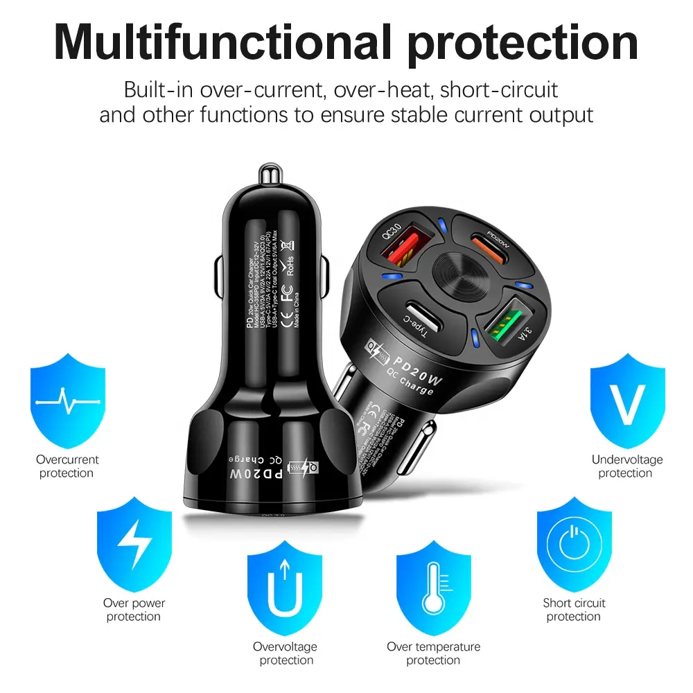 4 port PD Fast Car Charger USB A & USB C Cigarette Lighter Socket 4-Port Adapter