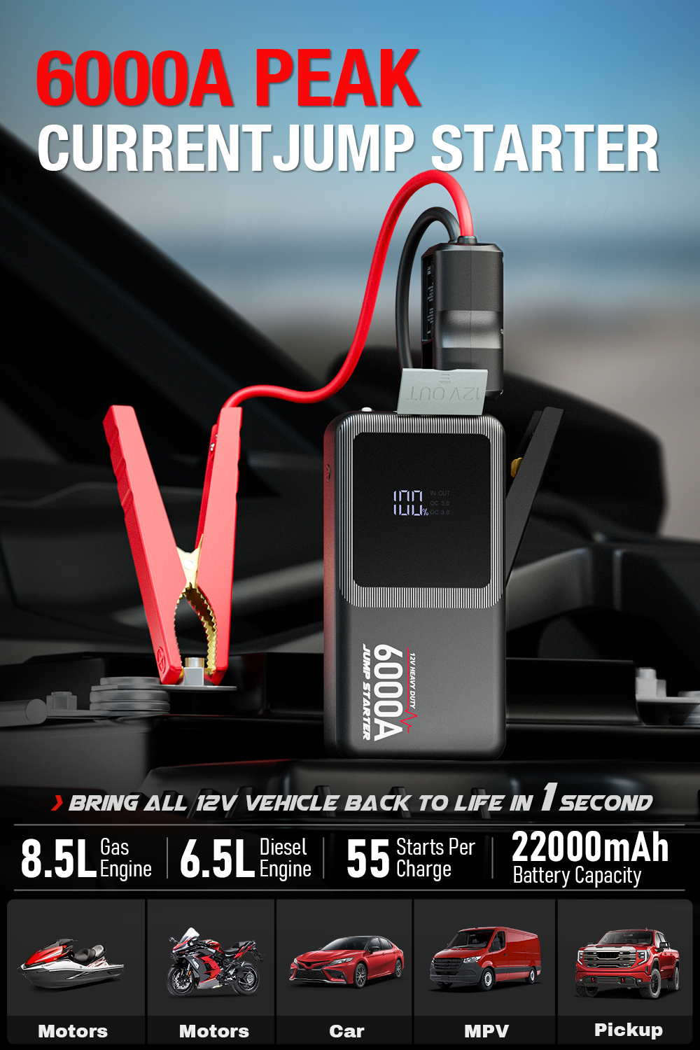 Compact 6000A 12V Car Jump Starter Battery Booster Power Bank LED Light