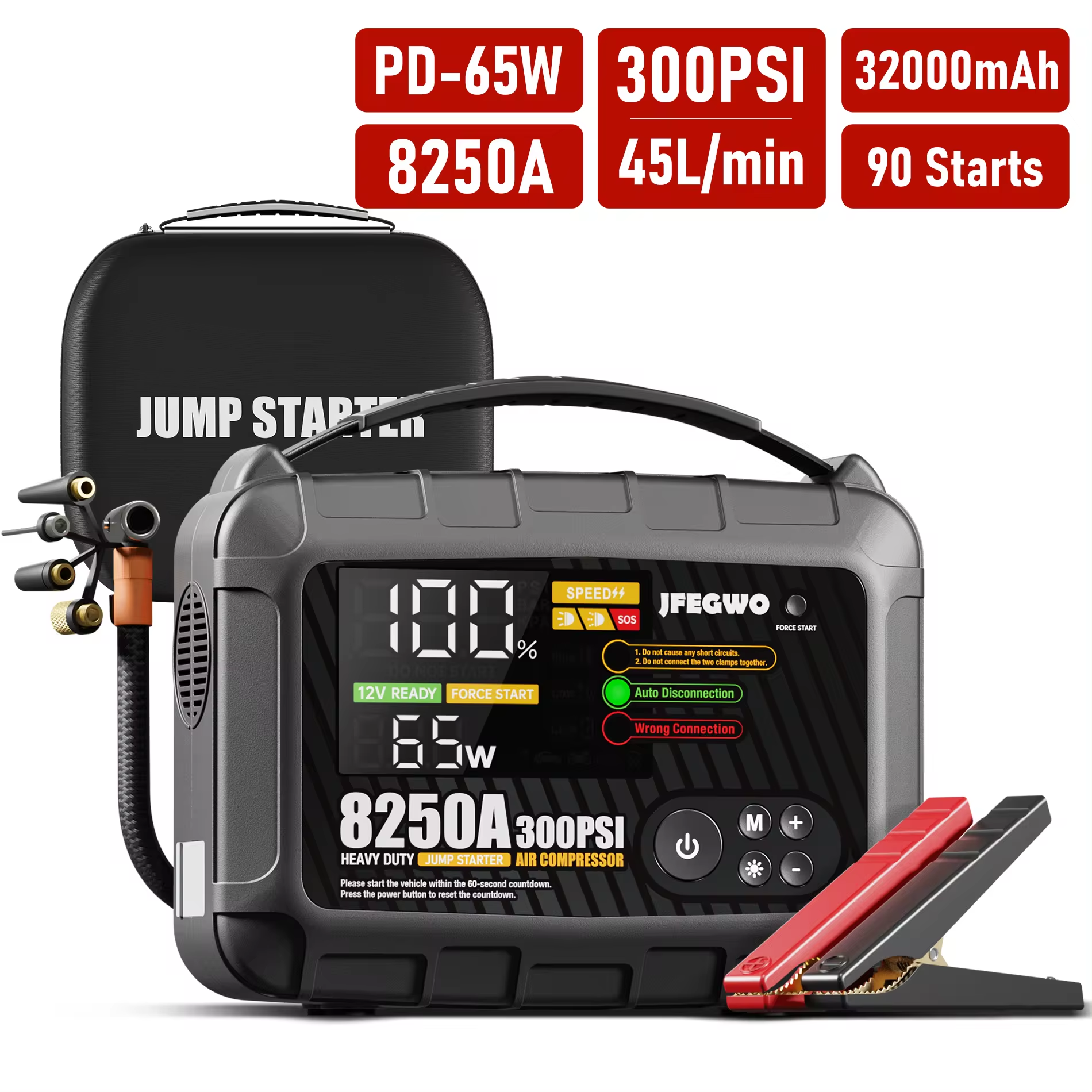 JFEGWO 8250A Jump Starter 32000mAh Tyre Inflator 300 PSI LED Power Bank (4-in-1)