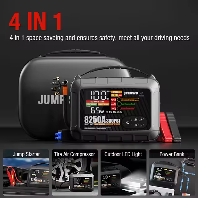 JFEGWO 8250A Jump Starter 32000mAh Tyre Inflator 300 PSI LED Power Bank (4-in-1)