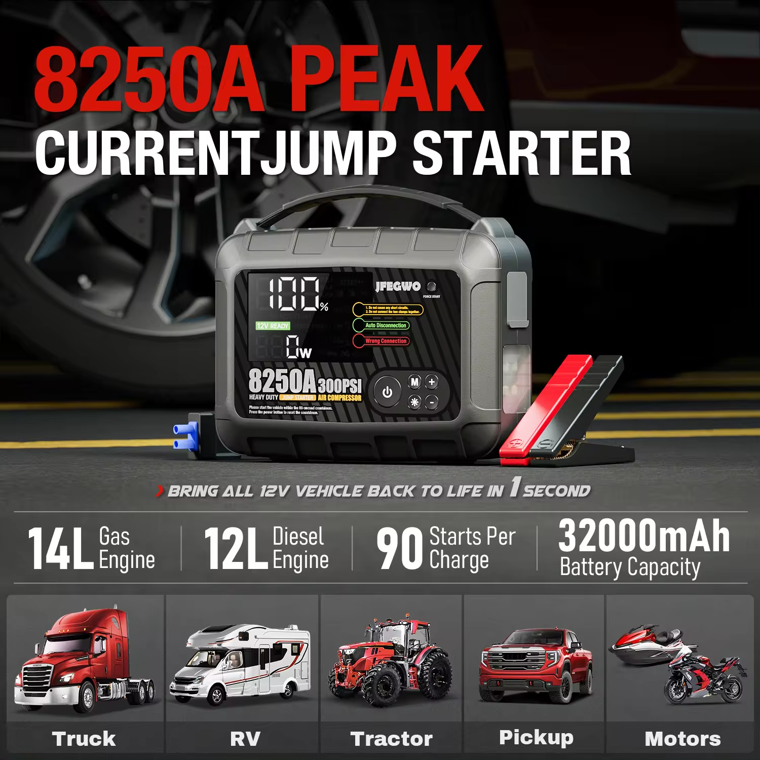 JFEGWO 8250A Jump Starter 32000mAh Tyre Inflator 300 PSI LED Power Bank (4-in-1)