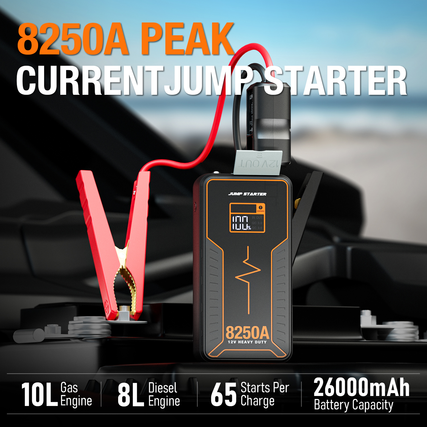 8250A Compact Jump Starter Battery Booster LED light & Power Bank upto 8L engine