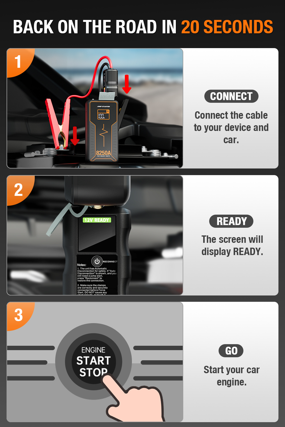 8250A Compact Jump Starter Battery Booster LED light & Power Bank upto 8L engine