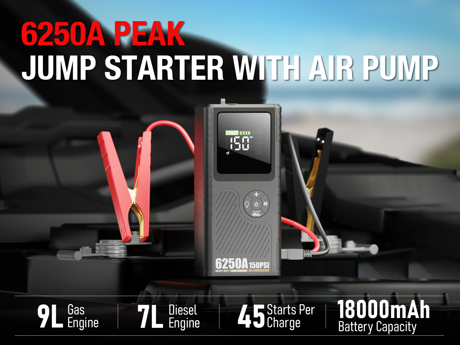 JFEGWO 6250A Car Jump Starter Booster Pack with Air Compressor & Power Bank 12V