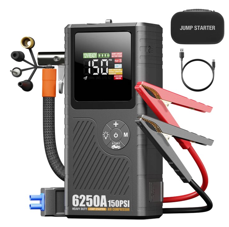 JFEGWO 6250A Car Jump Starter Booster Pack with Air Compressor & Power Bank 12V
