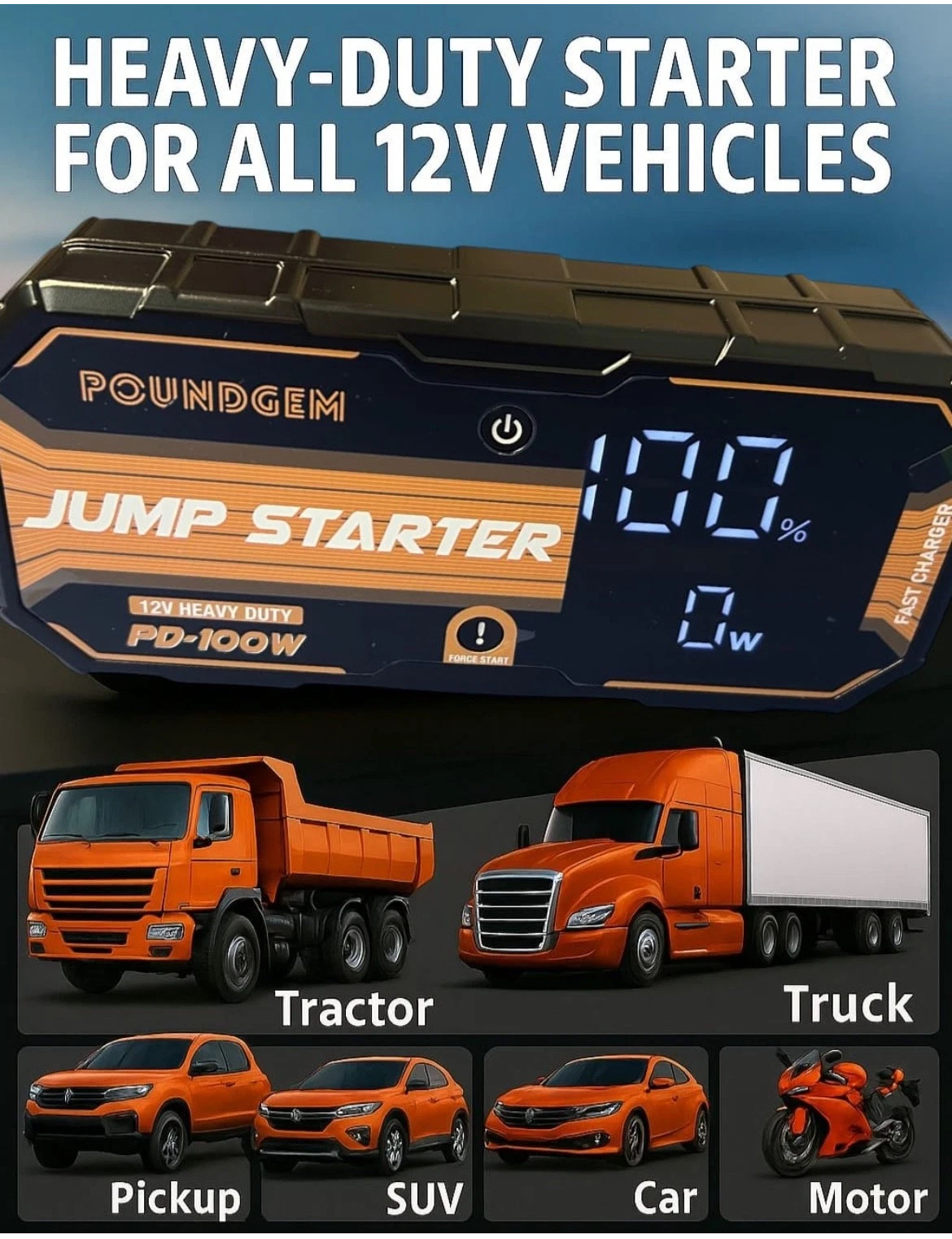 Poundgem 12V 88800 mWh Lithium Jump Starter Battery Booster Power Bank & LED Heavy Duty Car & Truck