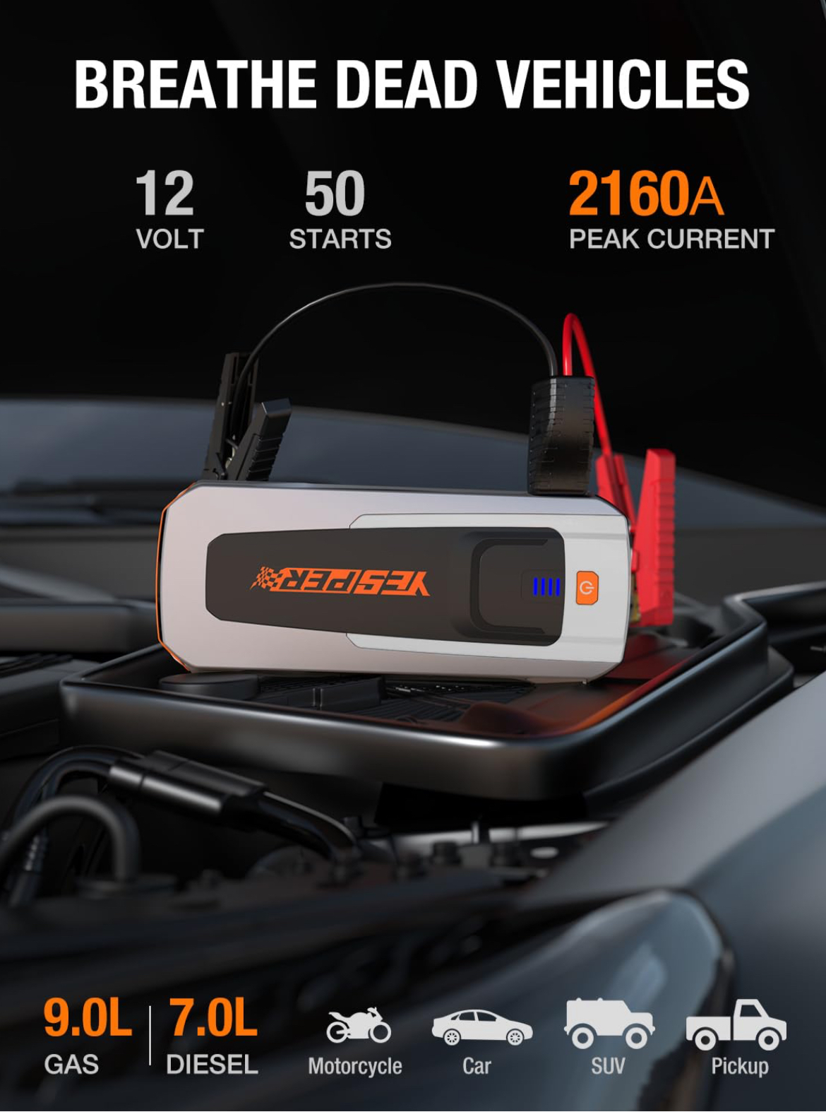 Lithium Car Jump Starter – 12V Heavy Duty Emergency Battery Booster Pack with 18000 mAh Portable Jump Box & LED Flashlight