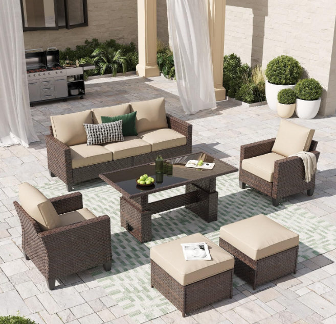 Outdoor Patio Furniture Set 6 Piece Wicker Conversation Set with Lift Coffee Table Sectional Dining Set 3 Seat Sofa Couch with Ottoman, Brown Wicker & Beige Cushion