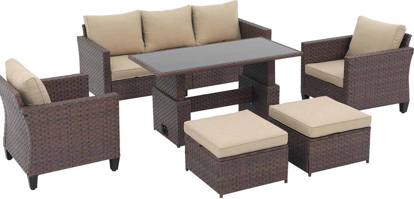 Outdoor Patio Furniture Set 6 Piece Wicker Conversation Set with Lift Coffee Table Sectional Dining Set 3 Seat Sofa Couch with Ottoman, Brown Wicker & Beige Cushion