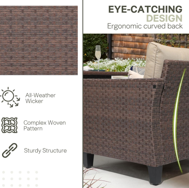 Outdoor Patio Furniture Set 6 Piece Wicker Conversation Set with Lift Coffee Table Sectional Dining Set 3 Seat Sofa Couch with Ottoman, Brown Wicker & Beige Cushion