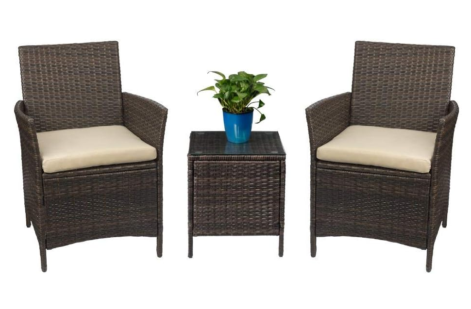 Patio Porch Furniture Sets 3 Pieces PE Rattan Wicker Chairs with Table Outdoor Garden Furniture Sets (Brown/Beige)