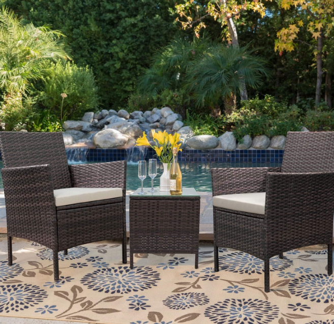 Patio Porch Furniture Sets 3 Pieces PE Rattan Wicker Chairs with Table Outdoor Garden Furniture Sets (Brown/Beige)