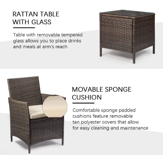Patio Porch Furniture Sets 3 Pieces PE Rattan Wicker Chairs with Table Outdoor Garden Furniture Sets (Brown/Beige)