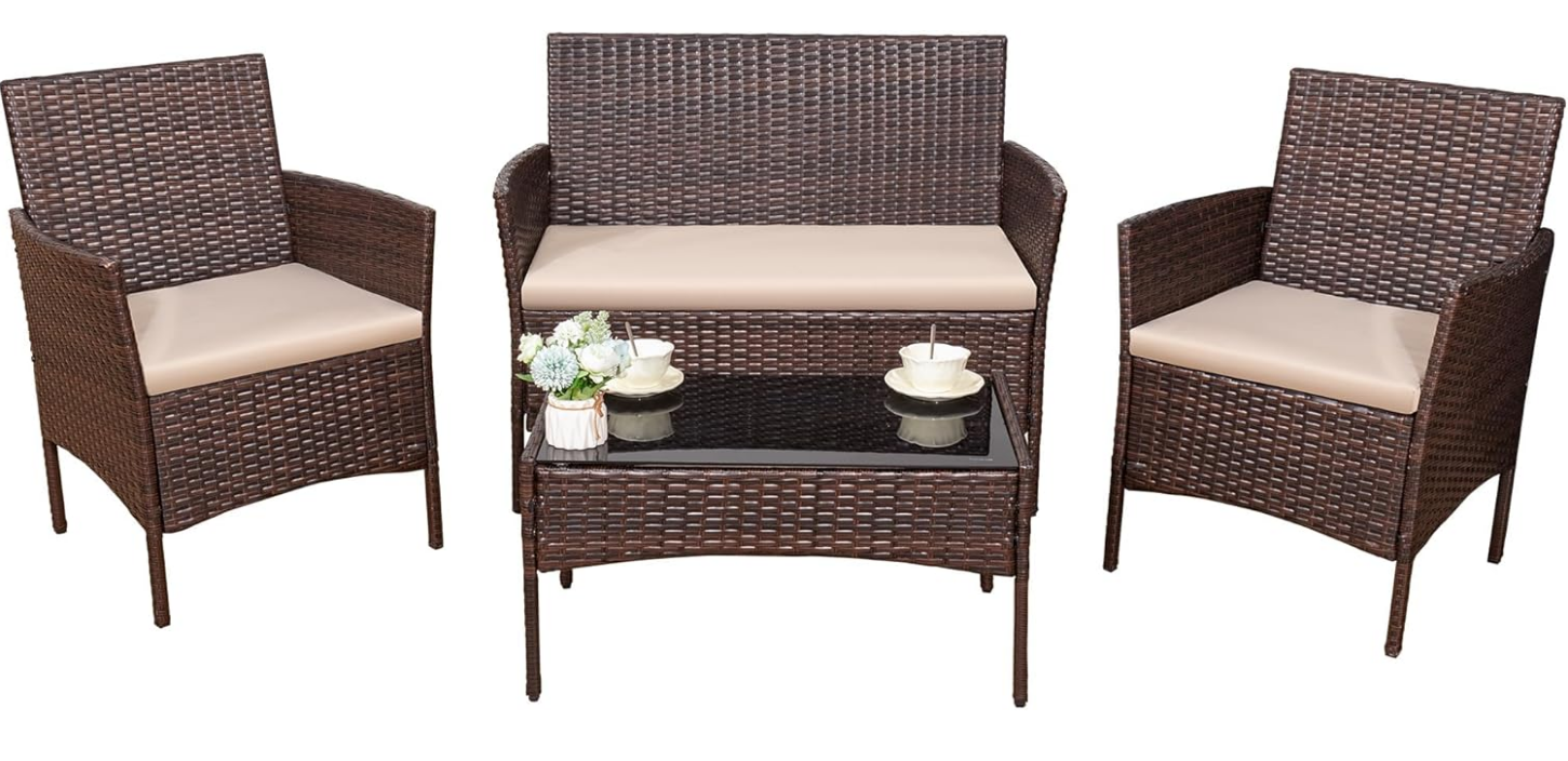 4 Pieces Outdoor Patio Furniture Set, PE Rattan Wicker Chairs Balcony Lawn Porch Patio Furniture Sets with Beige Cushion and Table (Brown)