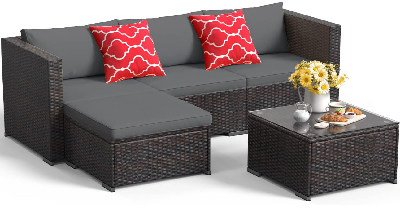 Outdoor Patio Furniture Sets All Weather Outdoor Sofa PE Garden Furniture Wicker Rattan Patio Conversation Set with Glass Table (Grey)