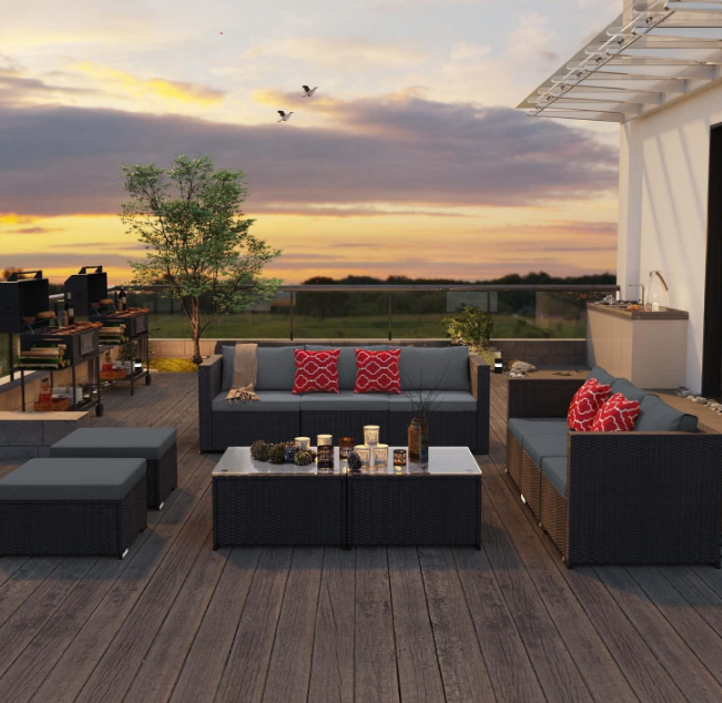 Outdoor Patio Furniture Sets All Weather Outdoor Sofa PE Garden Furniture Wicker Rattan Patio Conversation Set with Glass Table (Grey)