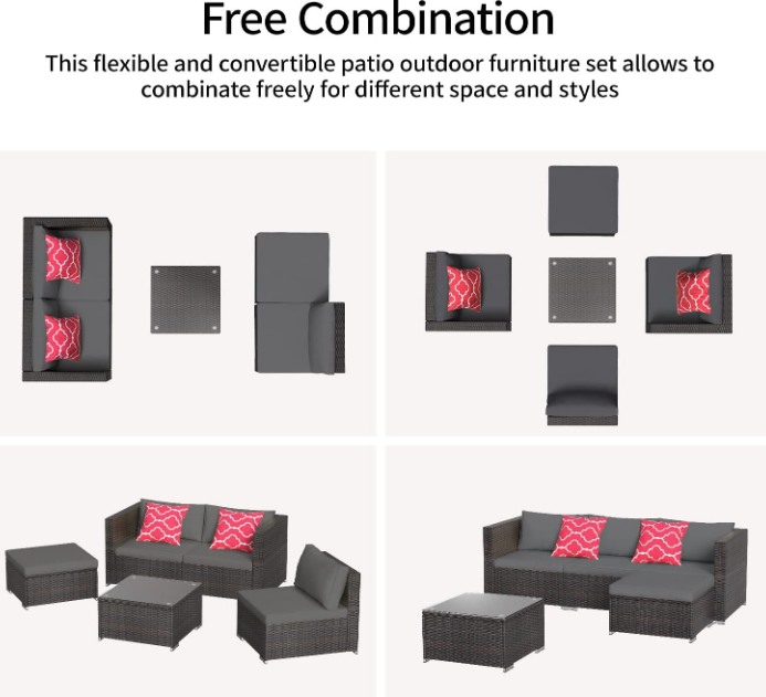 Outdoor Patio Furniture Sets All Weather Outdoor Sofa PE Garden Furniture Wicker Rattan Patio Conversation Set with Glass Table (Grey)