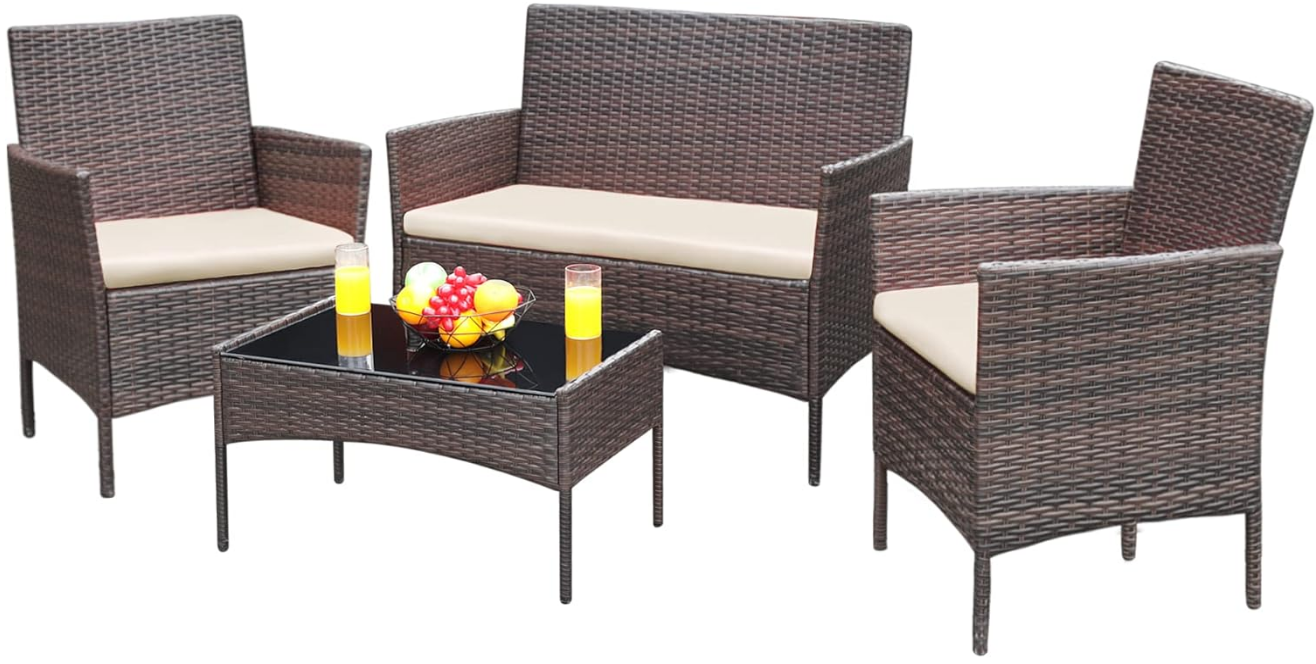 Patio Furniture 4 Pieces Conversation Sets Outdoor Wicker Rattan Chairs Garden Backyard Balcony Porch Poolside loveseat with Soft Cushion and Glass Table, Brown and Beige