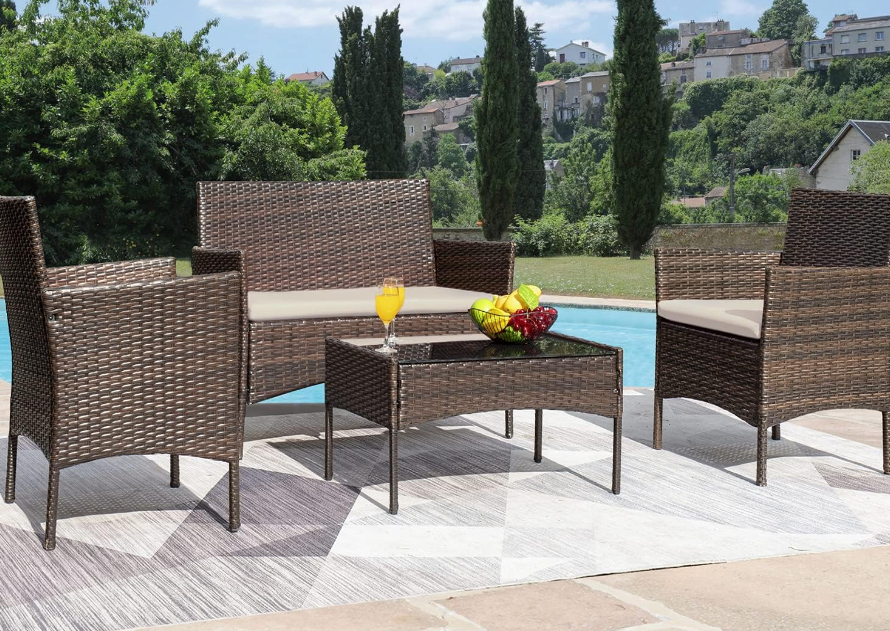Patio Furniture 4 Pieces Conversation Sets Outdoor Wicker Rattan Chairs Garden Backyard Balcony Porch Poolside loveseat with Soft Cushion and Glass Table, Brown and Beige