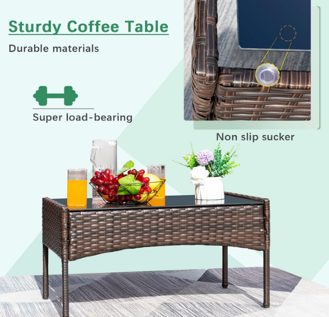 Patio Furniture 4 Pieces Conversation Sets Outdoor Wicker Rattan Chairs Garden Backyard Balcony Porch Poolside loveseat with Soft Cushion and Glass Table, Brown and Beige