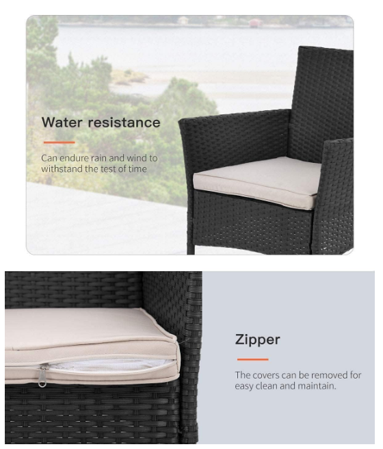 Patio Furniture Set Outdoor Furniture Wicker Bistro Rattan Chair Conversation Sets with Coffee Table for Yard Backyard Lawn Porch Poolside Balcony,Black and Beige
