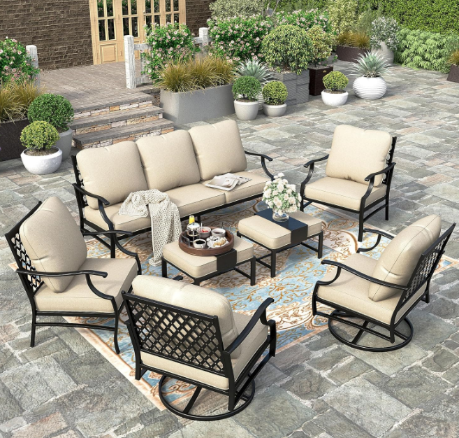 7 Piece Patio Furniture Set, 2 x Swivel Chair, 2 x Fixed Chair, 2 x Ottoman, 1 x 3-Seat Sofa, All Cushioned Outdoor Conversation Set for Lawn Garden Backyard