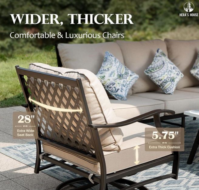 7 Piece Patio Furniture Set, 2 x Swivel Chair, 2 x Fixed Chair, 2 x Ottoman, 1 x 3-Seat Sofa, All Cushioned Outdoor Conversation Set for Lawn Garden Backyard