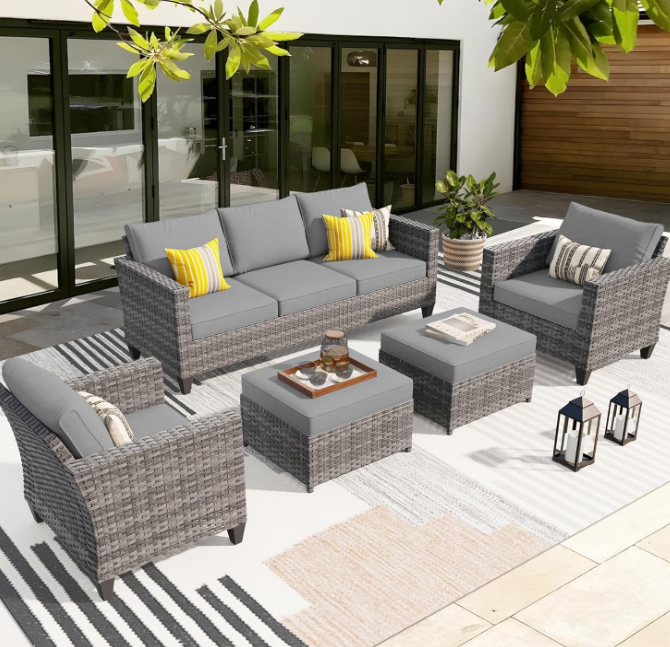 Patio Furniture Set, 5 Pieces Outdoor Wicker Rattan Sofa Couch with Chairs, Ottomans and Comfy Cushions, All Weather High Back Conversation Set Garden Backyard, Dark Grey