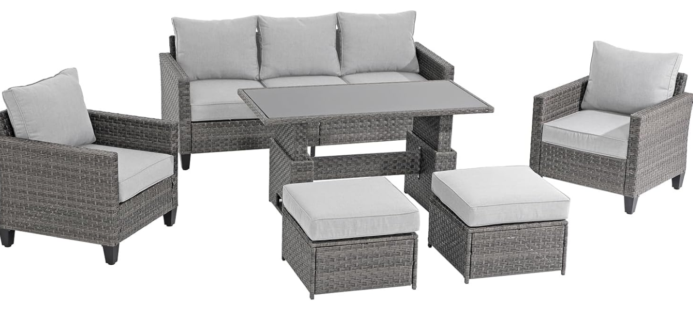 Patio Furniture Set 6-pcs Outdoor Furniture Conversation Sets with Lift Dining Table Wicker Patio Furniture Outdoor Couch Grey Rattan Light Grey Cushions for Garden, Backyard, Lawn