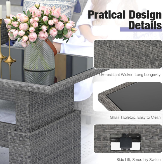 Patio Furniture Set 6-pcs Outdoor Furniture Conversation Sets with Lift Dining Table Wicker Patio Furniture Outdoor Couch Grey Rattan Light Grey Cushions for Garden, Backyard, Lawn