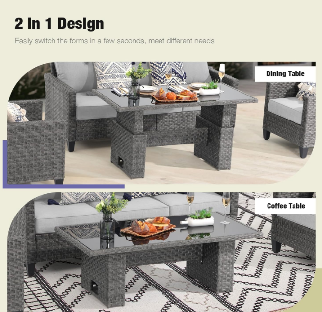 Patio Furniture Set 6-pcs Outdoor Furniture Conversation Sets with Lift Dining Table Wicker Patio Furniture Outdoor Couch Grey Rattan Light Grey Cushions for Garden, Backyard, Lawn