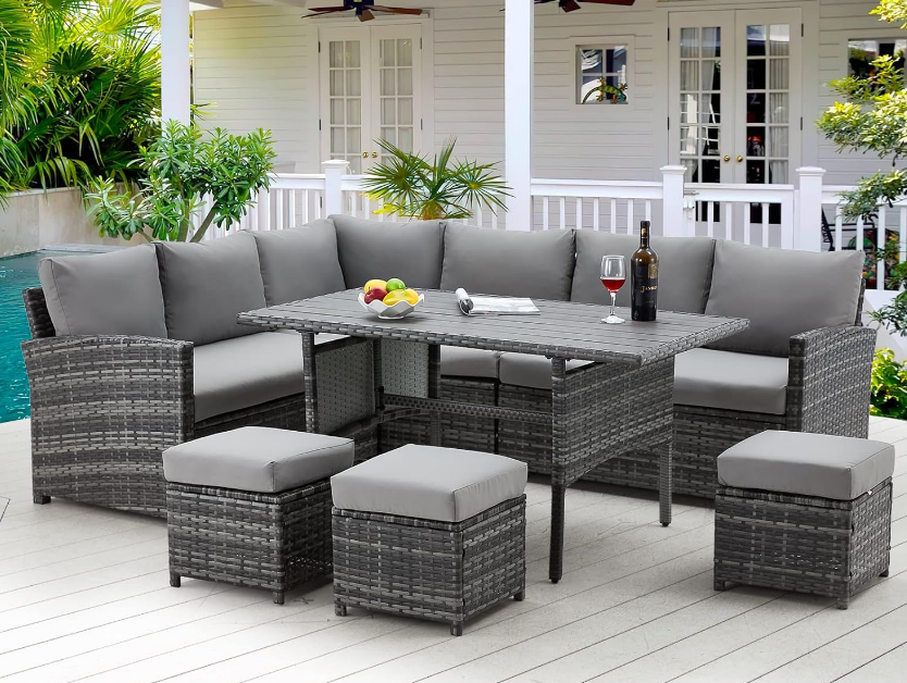 Patio Furniture Set, 7 Pieces Outdoor Patio Furniture with Dining Table&Chair, All Weather Wicker Conversation Set with Ottoman,Grey