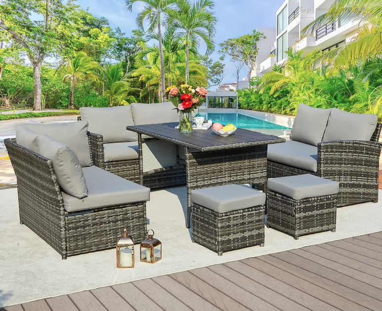 Patio Furniture Set, 7 Pieces Outdoor Patio Furniture with Dining Table&Chair, All Weather Wicker Conversation Set with Ottoman,Grey