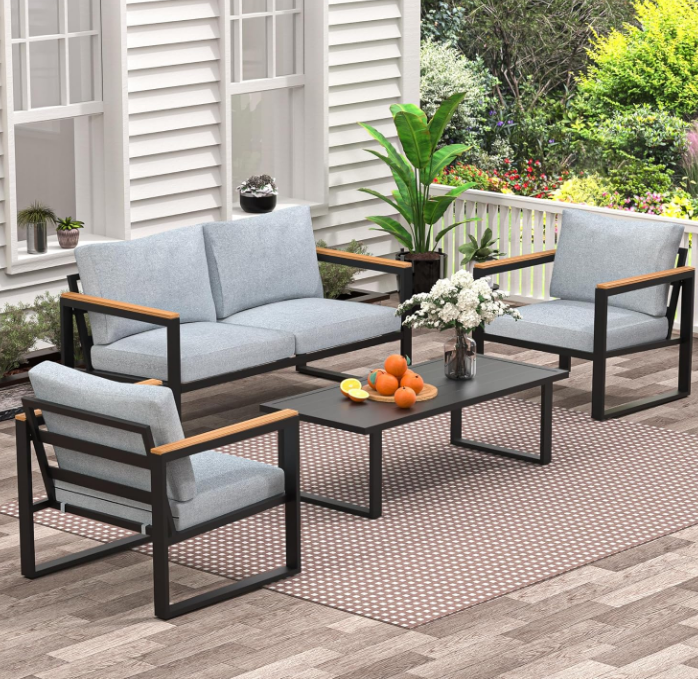 Patio Furniture Set, 4 Pieces Outdoor Patio Furniture with Table Set, Metal Patio Conversation Sets with Washable and High-Resiliency Sponge Cushions, Light Grey
