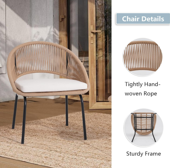 Patio Furniture Set, 3 Piece Outdoor Bistro Chair Conversation Sets Woven Rope with Wood Coffee Table for Yard Backyard Lawn Garden Porch Backyard Deck Poolside Balcony