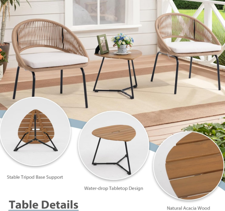 Patio Furniture Set, 3 Piece Outdoor Bistro Chair Conversation Sets Woven Rope with Wood Coffee Table for Yard Backyard Lawn Garden Porch Backyard Deck Poolside Balcony