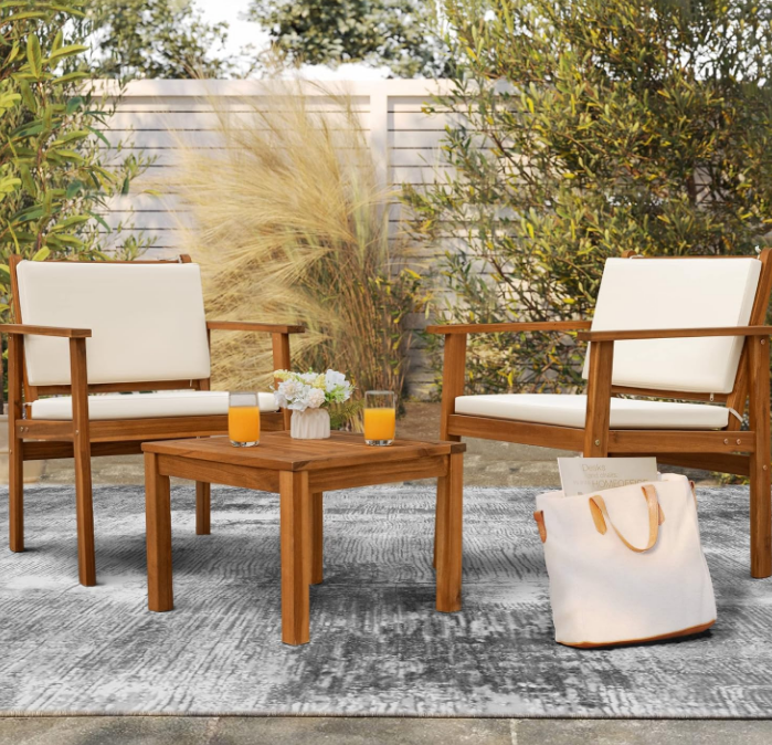 Patio Chairs 3 Piece Acacia Wood Patio Furniture with Coffee Table & Cushions Outdoor Conversation Set Balcony Chairs for Porch, Deck, Backyard