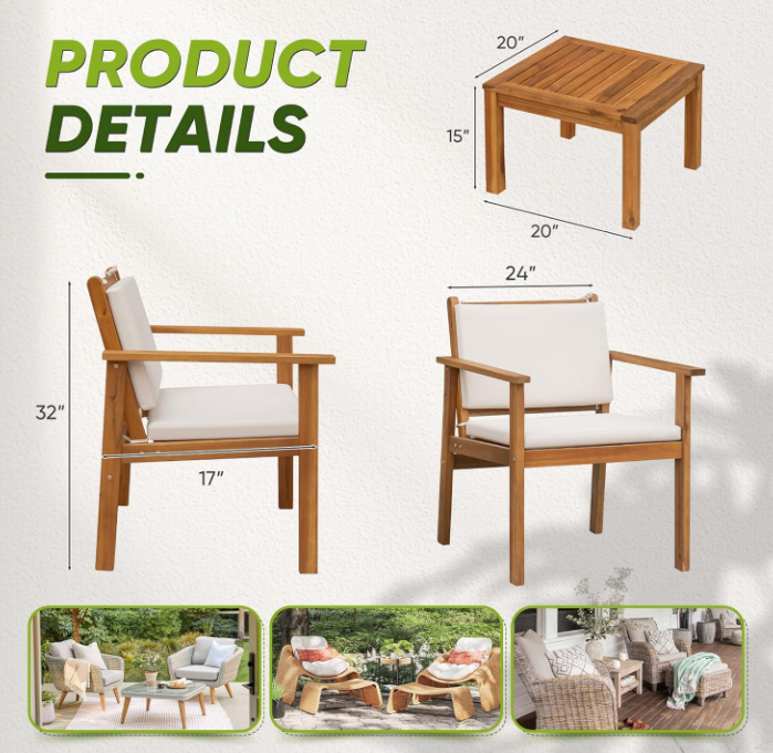 Patio Chairs 3 Piece Acacia Wood Patio Furniture with Coffee Table & Cushions Outdoor Conversation Set Balcony Chairs for Porch, Deck, Backyard