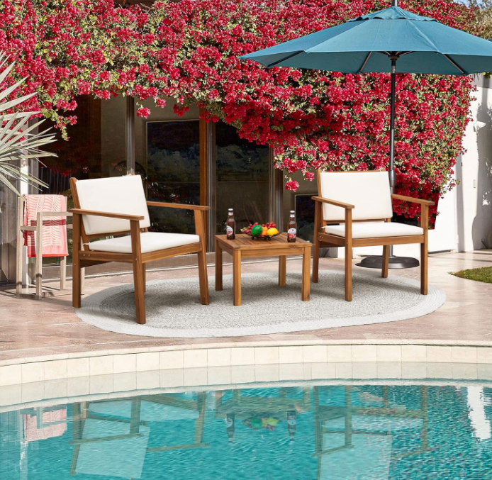 Patio Chairs 3 Piece Acacia Wood Patio Furniture with Coffee Table & Cushions Outdoor Conversation Set Balcony Chairs for Porch, Deck, Backyard