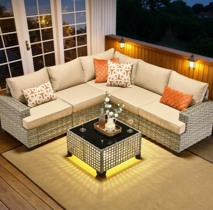 6 Piece Patio Sectional Furniture, Rattan Wicker Coversation Couch Set, Outdoor Sofa Set for Outside Porch Balcony Backyard Pool,Beige