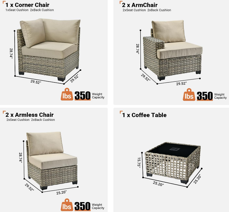 6 Piece Patio Sectional Furniture, Rattan Wicker Coversation Couch Set, Outdoor Sofa Set for Outside Porch Balcony Backyard Pool,Beige