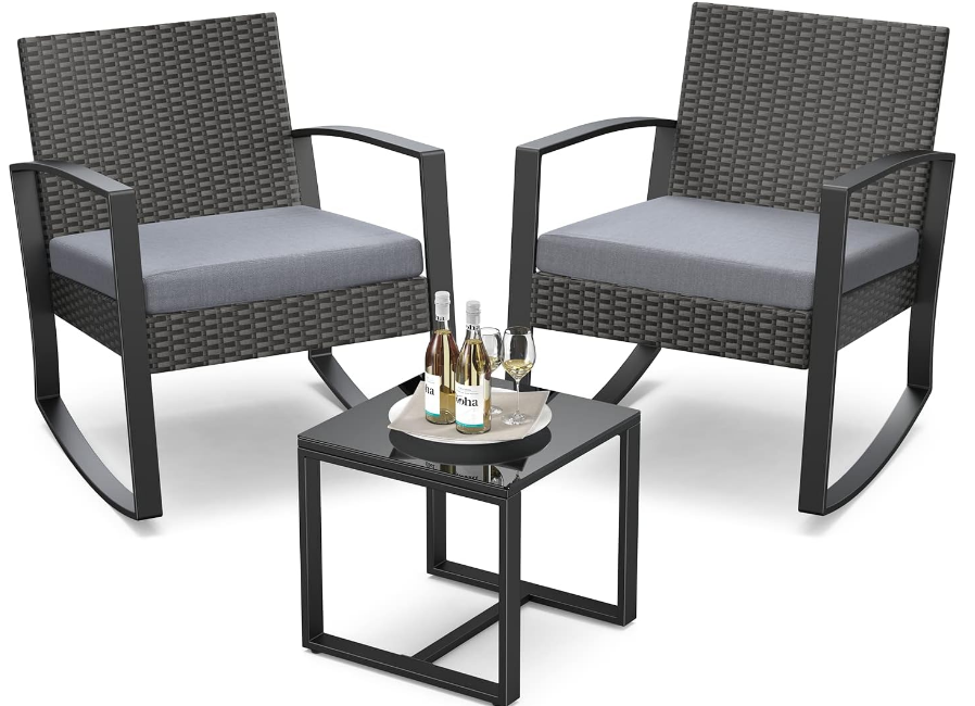 3 Pieces Patio Furniture Set Rocking Bistro Set Outdoor Rattan Conversation with Coffee Table for Garden Balcony Backyard Poolside (Grey Cushion)