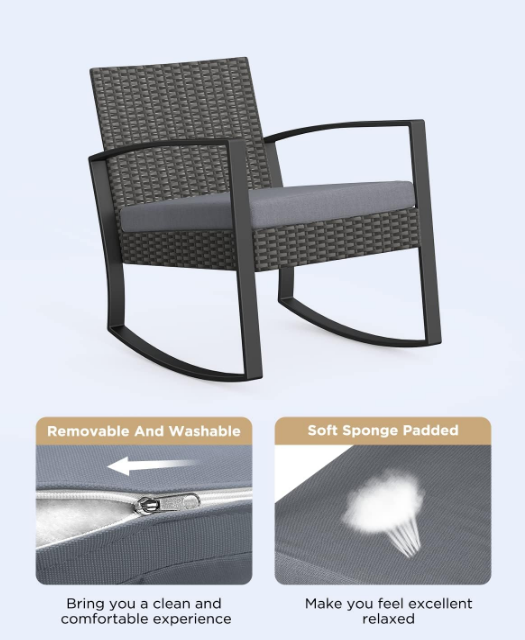 3 Pieces Patio Furniture Set Rocking Bistro Set Outdoor Rattan Conversation with Coffee Table for Garden Balcony Backyard Poolside (Grey Cushion)