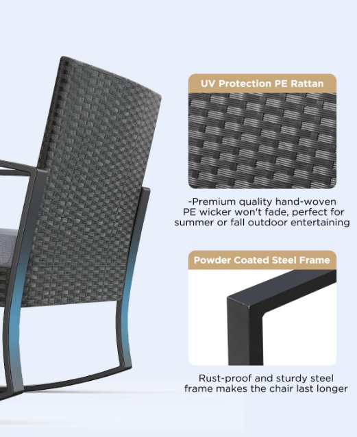 3 Pieces Patio Furniture Set Rocking Bistro Set Outdoor Rattan Conversation with Coffee Table for Garden Balcony Backyard Poolside (Grey Cushion)