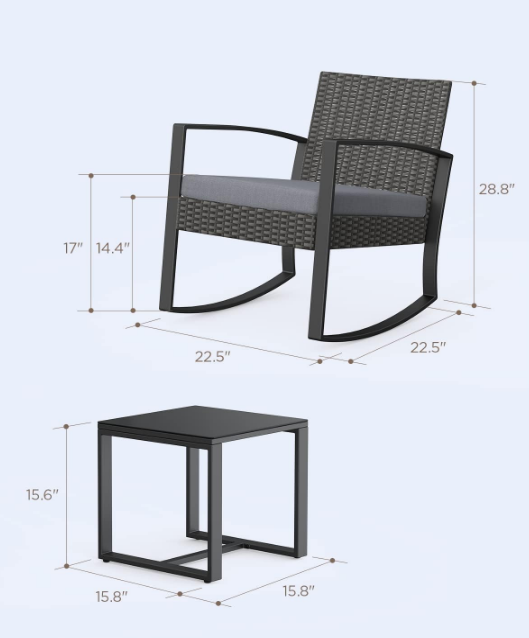 3 Pieces Patio Furniture Set Rocking Bistro Set Outdoor Rattan Conversation with Coffee Table for Garden Balcony Backyard Poolside (Grey Cushion)