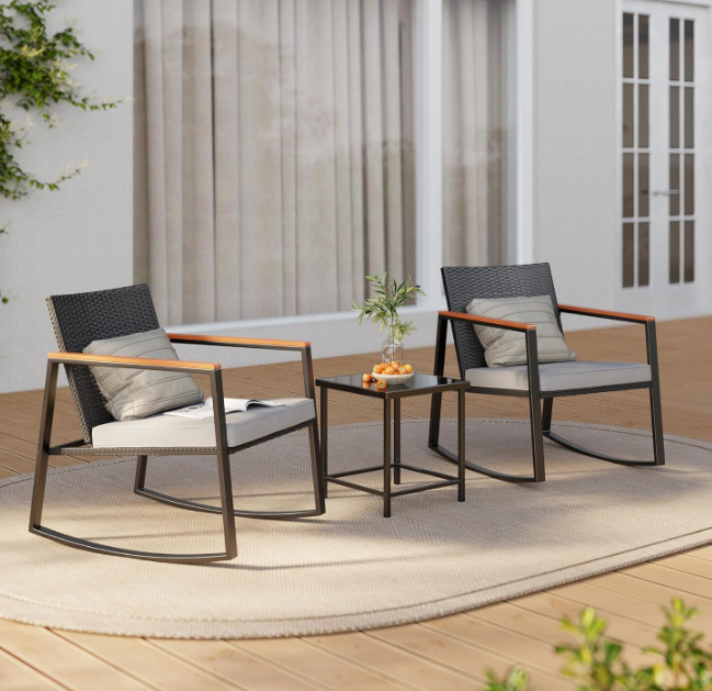 3 Pieces Rocking Patio Bistro Set with Anti-Scald Armrest, Outdoor Patio Wicker Furniture Set with Glass Table and Cushion for Garden, Yard, Porch