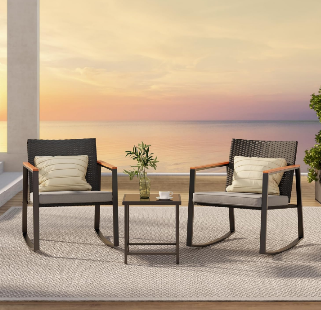 3 Pieces Rocking Patio Bistro Set with Anti-Scald Armrest, Outdoor Patio Wicker Furniture Set with Glass Table and Cushion for Garden, Yard, Porch